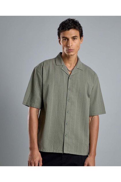 Striped Shirt with Revere Collar and Short Sleeves