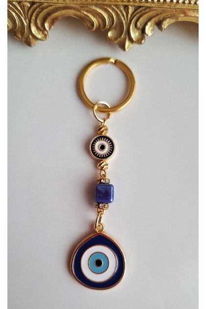 Luxury Gift Zircon Stone Big Evil Eye Beaded Navy Blue Keychain 10.5 cm