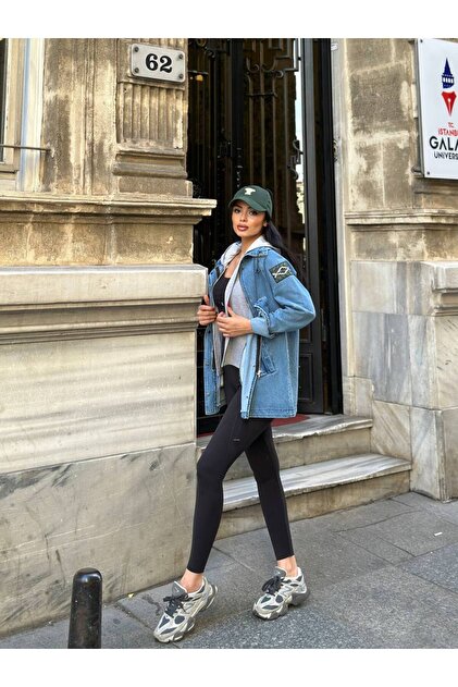 Kadın Mavi Denim İçi Çıkarılabilir Kapşonlu Yelekli Gabardin Ceket Yeni Sezon Trend