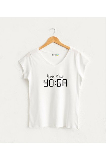 تي شيرت Yoga Time Visual للسيدات برقبة على شكل حرف V مصنوع من القطن بنسبة 100%