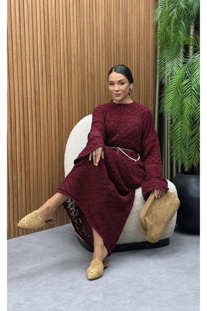 Ethnic Patterned Chain Belt Detailed Fully Lined Openwork Dress