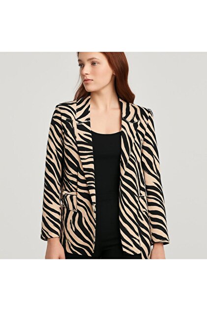 Nihal Eren Butik Zebra Desenli Mevsimlik Bağlamalı Keten Blazer