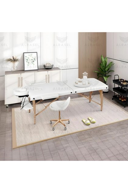 White Foldable Massage Table Bed with Wooden Frame for Professional Use