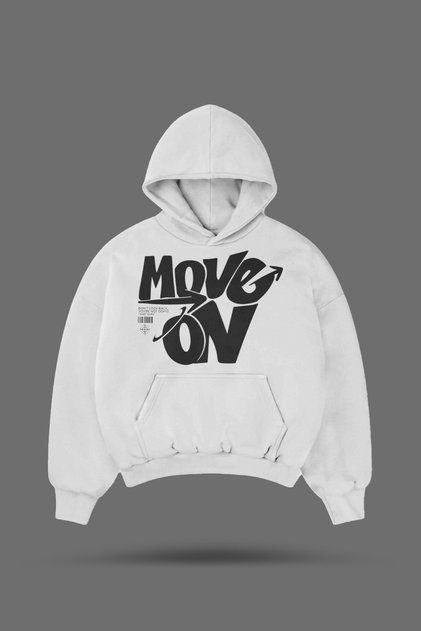 سويت شيرت أبيض بقلنسوة مطبوع عليه Move On مقاس كبير