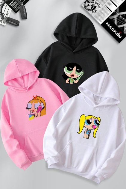 Powerpuff Girls Printed Friend Couple Combination Design 3-Thread Raglan Sweatshirt Hoodie