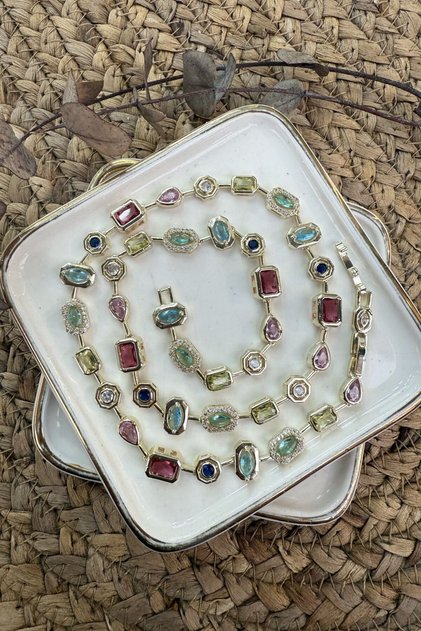 14K Altın Kaplama Renkli Taşlar Kolye 47cm