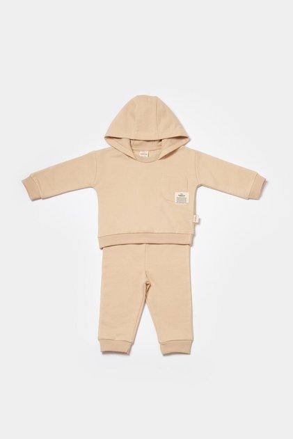Unisex Baby Cotton Beige Hooded Tracksuit Set - Sweatshirt and Bottom with Pocket Detail