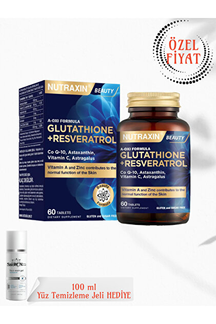 nutraxin glutathione resveratrol A-Oxi Formula Beauty 60 Tablet + 100 ml Yüz Temizleme Jeli HEDİYE Nutraxin Beauty A-Oxi Formula Glutathione