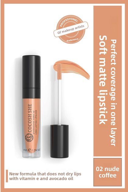Soft Matte Liquid Matte Lipstick 02 Nude Coffee, Vitamin E, Avocado Oil, Creamy Texture, Matte Finish, Non-Smudging