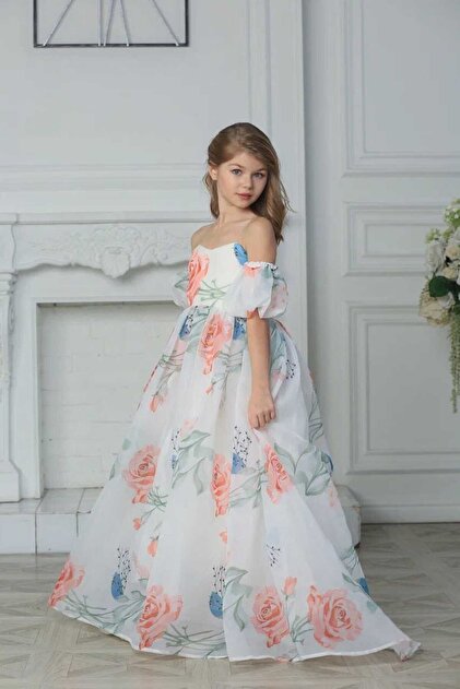 By Feyza Kids Collection By Feyza Girl'S,Floral Organza Tailed Evening Dress  Graduation Dress,7-14 Years Old,Pink White- Trendyol
