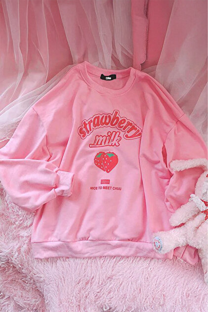 Cute Harajuku Kawaii Pink Strawberry Spring Korean Style Crewneck Sweatshirt for Women 3 Yarns