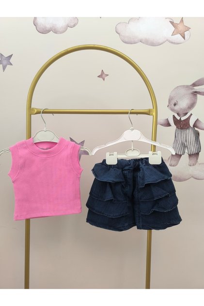 Girls' Ribbed Crop Tank Top Set with Ruffled Denim Shorts
