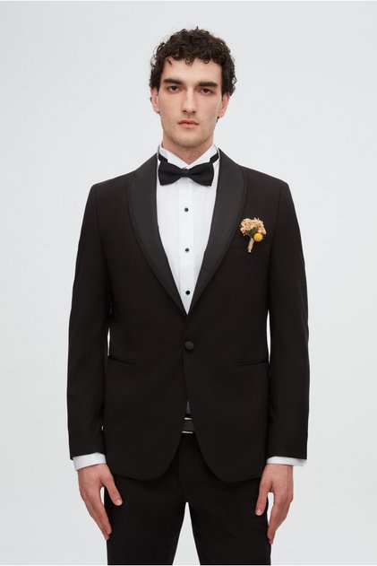 Slim Fit Siyah Düz Damatlık & Smokin Yelekli Takim Elbise