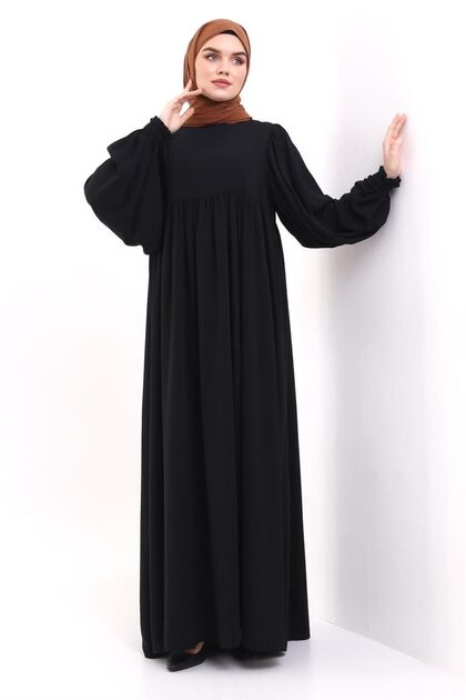 Hijab Dress Black Poncho Robe Detailed Balloon Sleeves Flowy Egyptian Silk