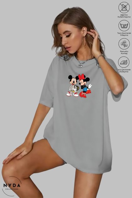Unisex Crew Neck Minnie Mickey Mouse Printed Cotton Oversize Short Sleeve T-Shirt