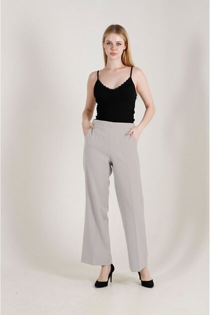 1003 Gray Palazzo High Waist Lycra Woven Women's Trousers