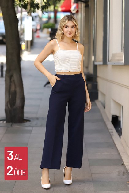 4002 Navy Blue Palazzo Elastic High Waist Pocket Woven Women's Trousers