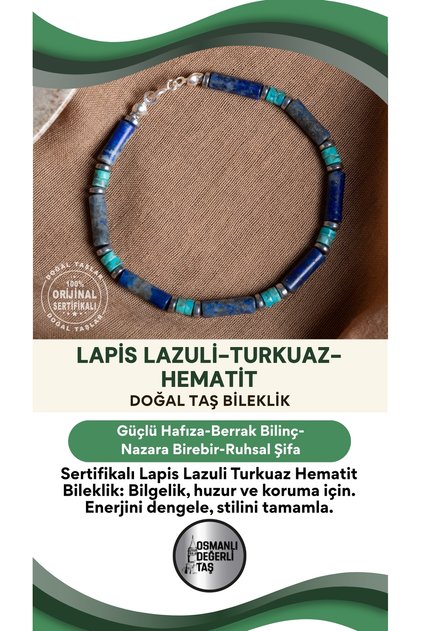 Certified Lapis Lazuli Turquoise Hematite Natural Stone Bracelet