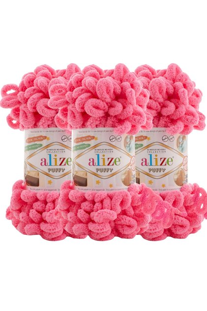 Puffy 3 Pack Hand Knitting Yarn - No Needles - 100g X 3 Pieces - Color No: 377 - Vibrant Pink