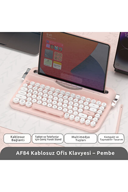 Coverzone Retro Daktilo Klavye Bluetooth & 2.4G, Standlı, Yuvarlak