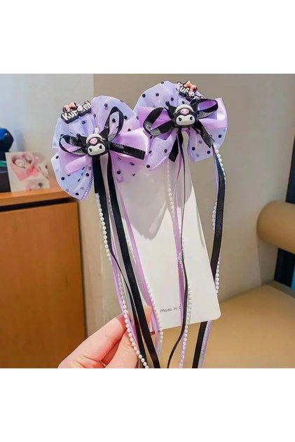 Kuromi Anime Model Black Lilac Organized Bow Detailed Mesh Rubber Pearl 2-Piece Clamp Buckle