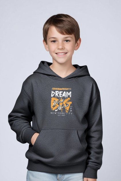 Boy's Sweatshirt with Hooded Kangaroo Pocket Big Dream Printed Details