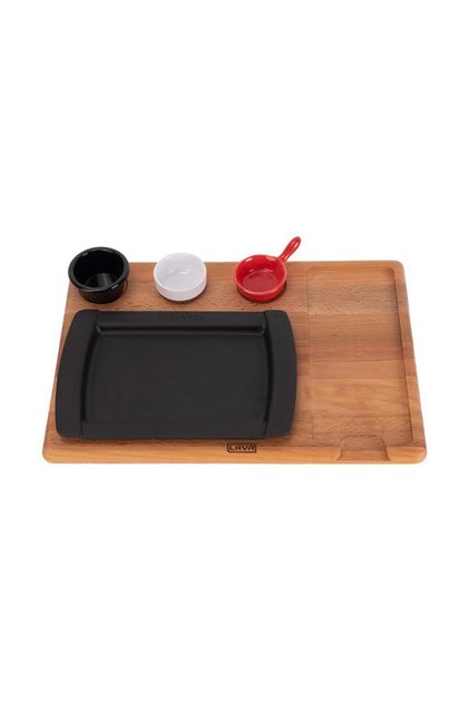 Cast Rectangular Serving Plate and Wooden Base Black Color Size 17X25 cm