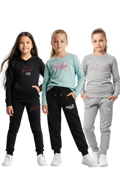 3-Piece Girl's Tracksuit Set with Hooded Kangaroo Pocket and Zero Collar Print