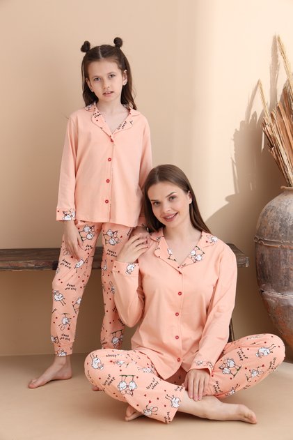 Salmon Lamb Pattern Cotton Knitted Long Sleeve Mother-Daughter Buttoned Pajamas Set