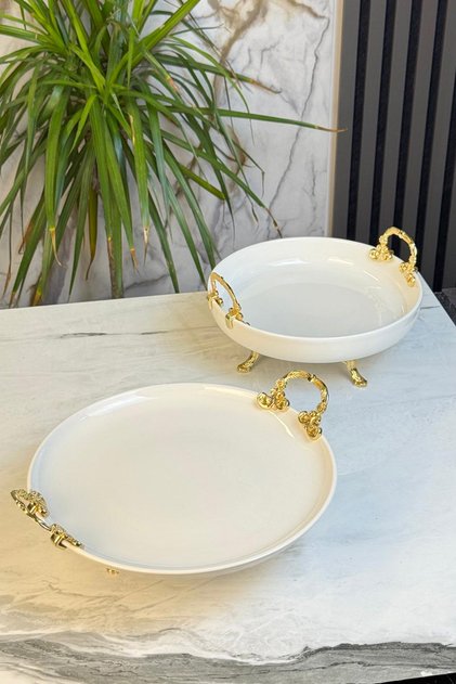 2-Piece Metal Leg Porcelain Presentation Plate & Appetizer Cake Cookie Serving Plate with Handles