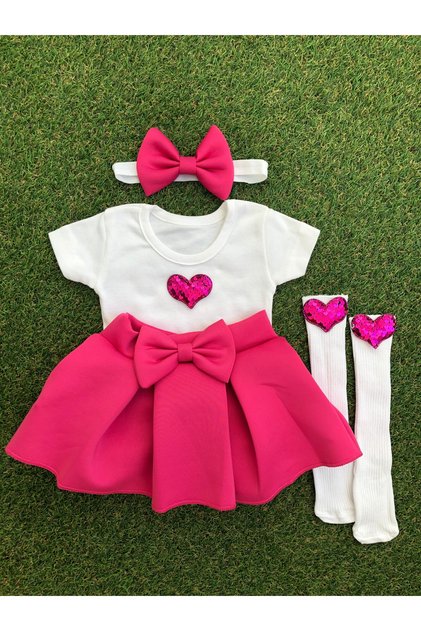 Girl's Fuchsia Color Heart Figure Skirt Set