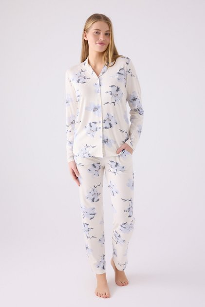 Kadın Krem Gömlek Pijama Takımı