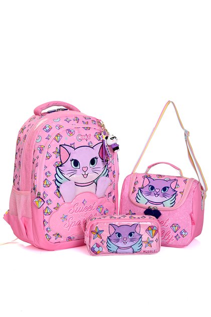 Mu-5796 Pink Cat Patterned School Bag Set of 3 – Backpack, Lunchbox and Pen Holder