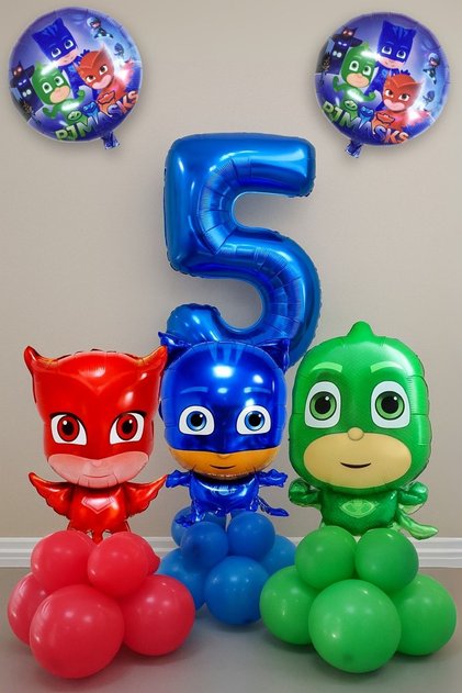 5 Yaş Mavi Rakam Balon Pijamaskeliler Balon Seti Pjmaske Kedi Çocuk Baykuş Kız Kertenkele Çocuk