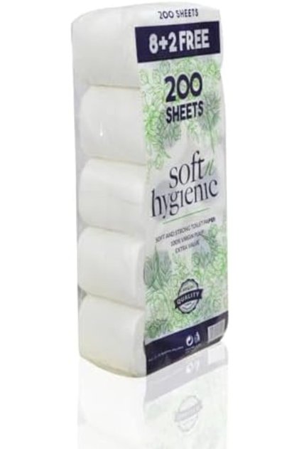 Soft Hygienic Soft and Strong Toilet Paper 100% Virgin Pulp Extra Value 200 Sheets 8+2 sh