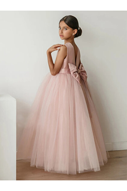 Pink Bow Detail Deep V Back Mesh Party Dress