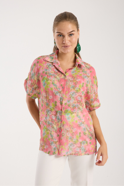 Kısa Kollu Oversize Pembe Çiçekli Desenli Gömlek