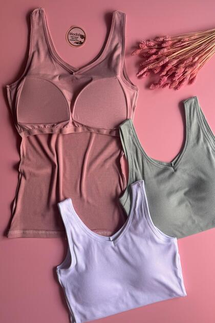 Modal Fabric 3-Pack | V-Neck - Powder, Green and White - Ribbed Women's T-Shirt-Undershirt with Pads 66E53