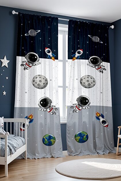 Navy Blue Gray Space and Little Astronaut Patterned Children's Baby Room Background Curtain (Single Wing Pricing)