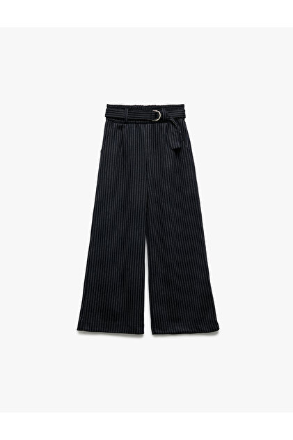 Relaxed Cut Striped Wide Leg Trousers with Belt Detail