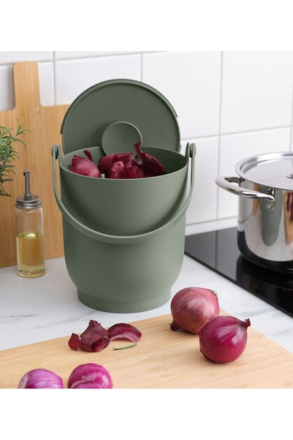 Kapaklı Çöp Kovası Yükseklik 23 Cm Plastik Kulplu Mutfak Çöp Kutusu Hacim 4 litre Gri-Yeşil