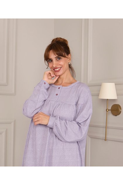 Wide-Cut Sleeves with Cuffs in Quality Cotton Fabric, Pink Heart Printed Winter Nightgown