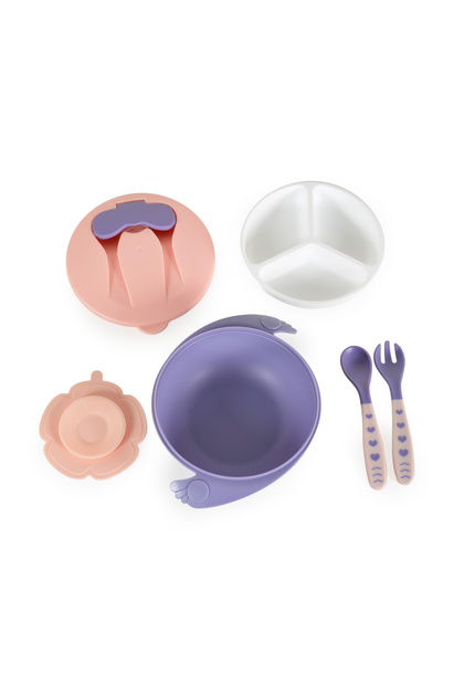 Set castron cu lingurita si furculita Jelly, cu baza antiderapanta, Roz