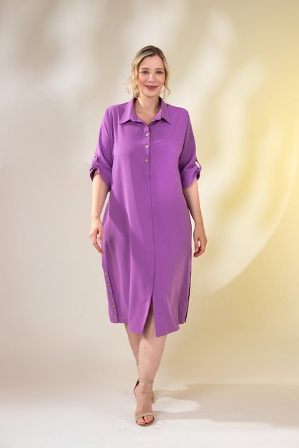 111966 Women's Plus Size Button Detailed Dress Lilac