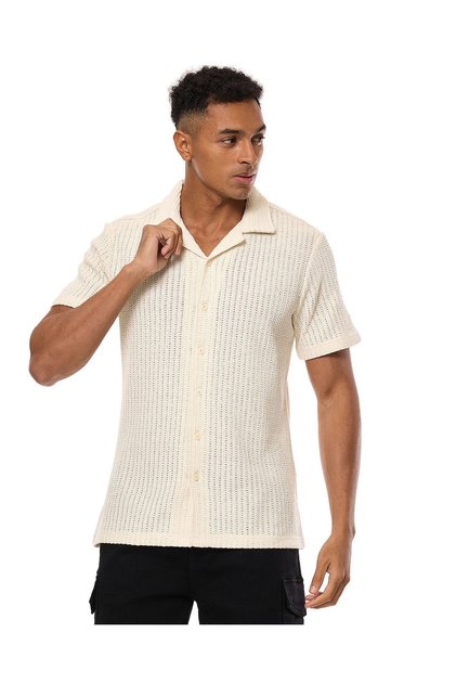 Textured Knit Shirt with Revere Collar and Short Sleeves