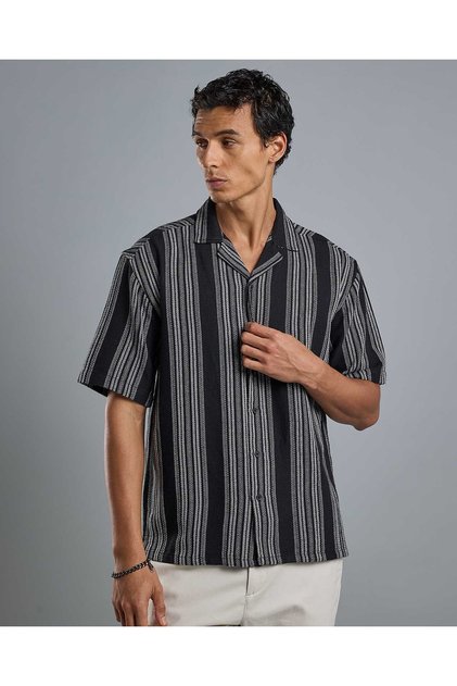 Striped Shirt with Revere Collar and Short Sleeves