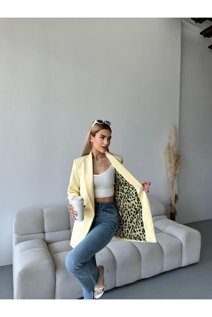 Jachetă blazer pentru femei, lemon yellow, cu imprimeu leopard, căptușită, din țesătură dublă