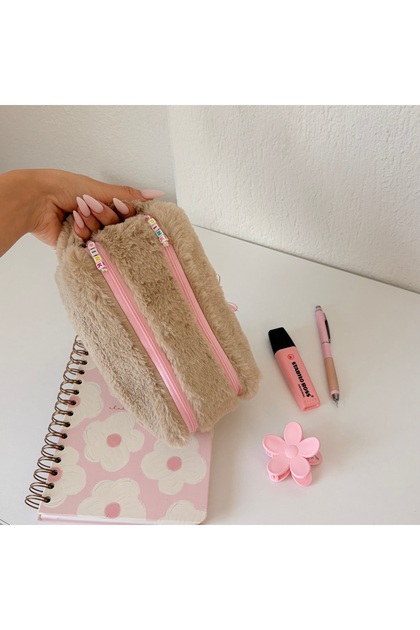 Beige Plush Double Zipper Pencil Case – Bej Peluş Çift Fermuarlı Kalemlik