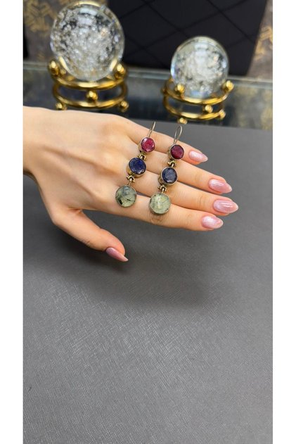 Yakut, safir ve prehnit taşlı otantik gümüş küpe