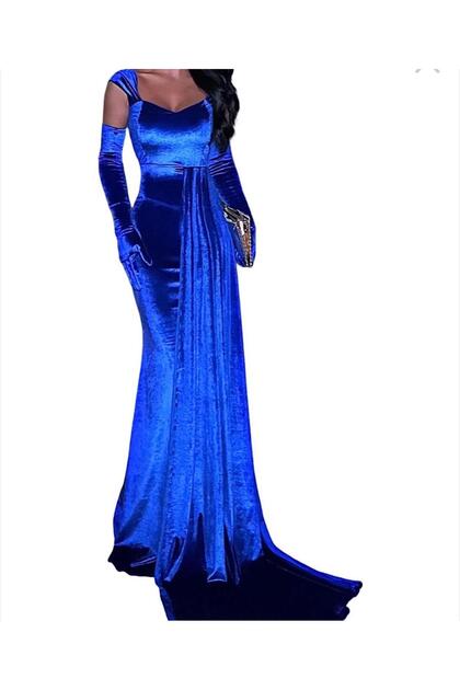 Eyyo Long blue velvet dress, fitted to the body, sleeveless, with side  train and long gloves - L- Trendyol